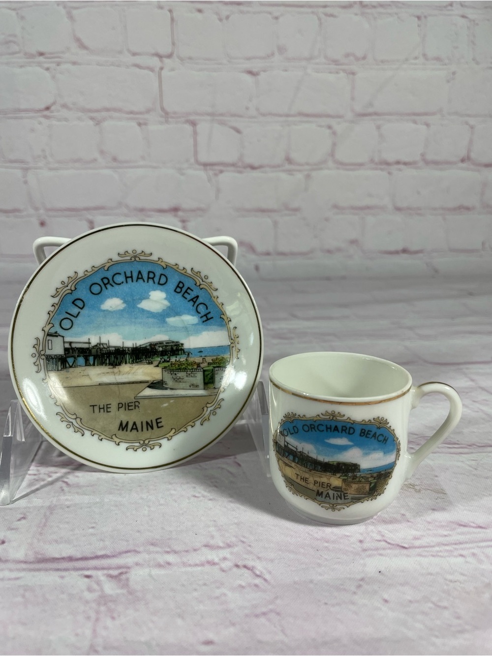 Vintage Old Orchard Beach The Pier Maine Porcelain Cup and Saucer Set Gold Trim